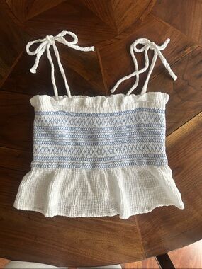 Free People White Smocked Cropped Cami with Light Blue Embroidery